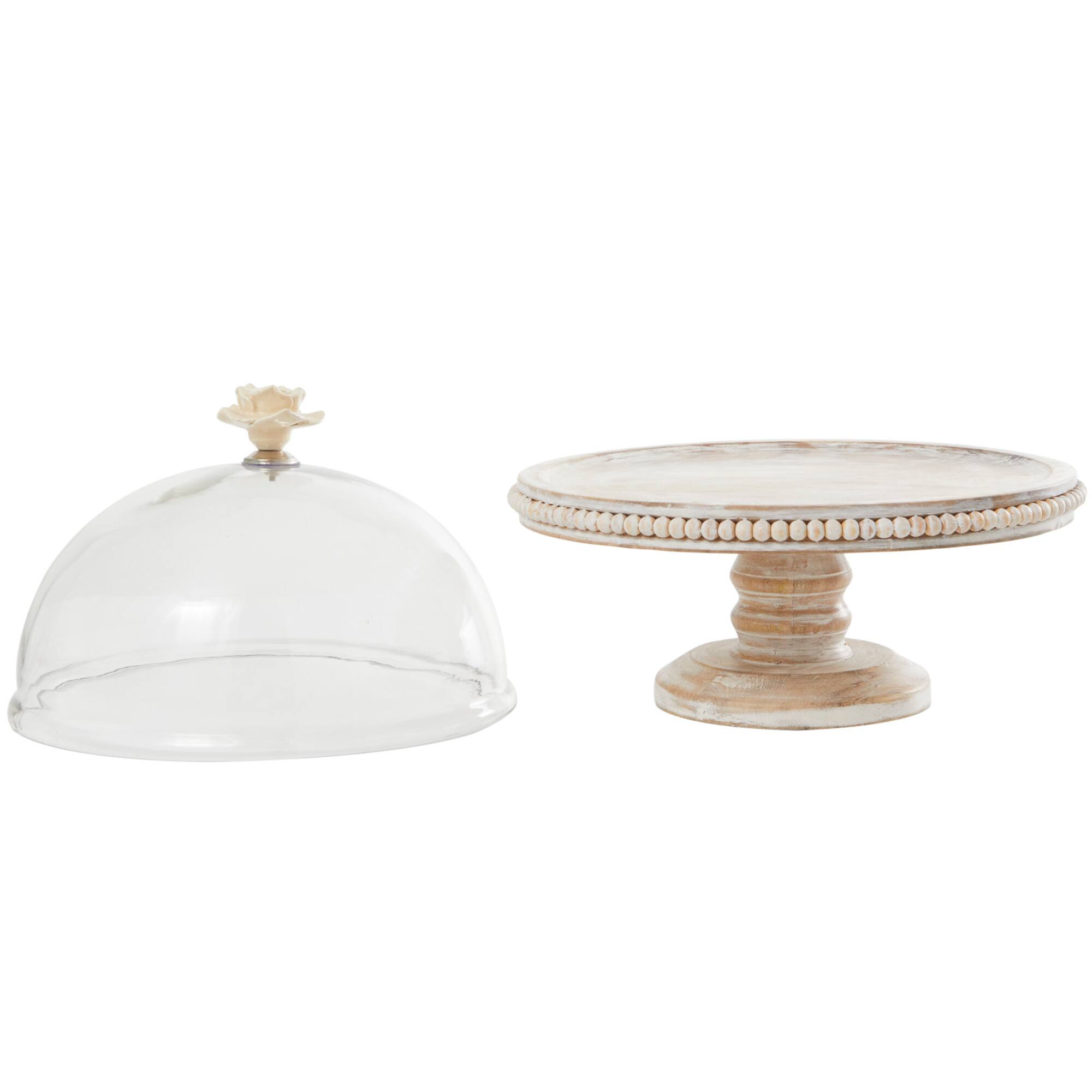 12.25" Cream Wood Cake Stand with Glass Dome Tabletop Décor